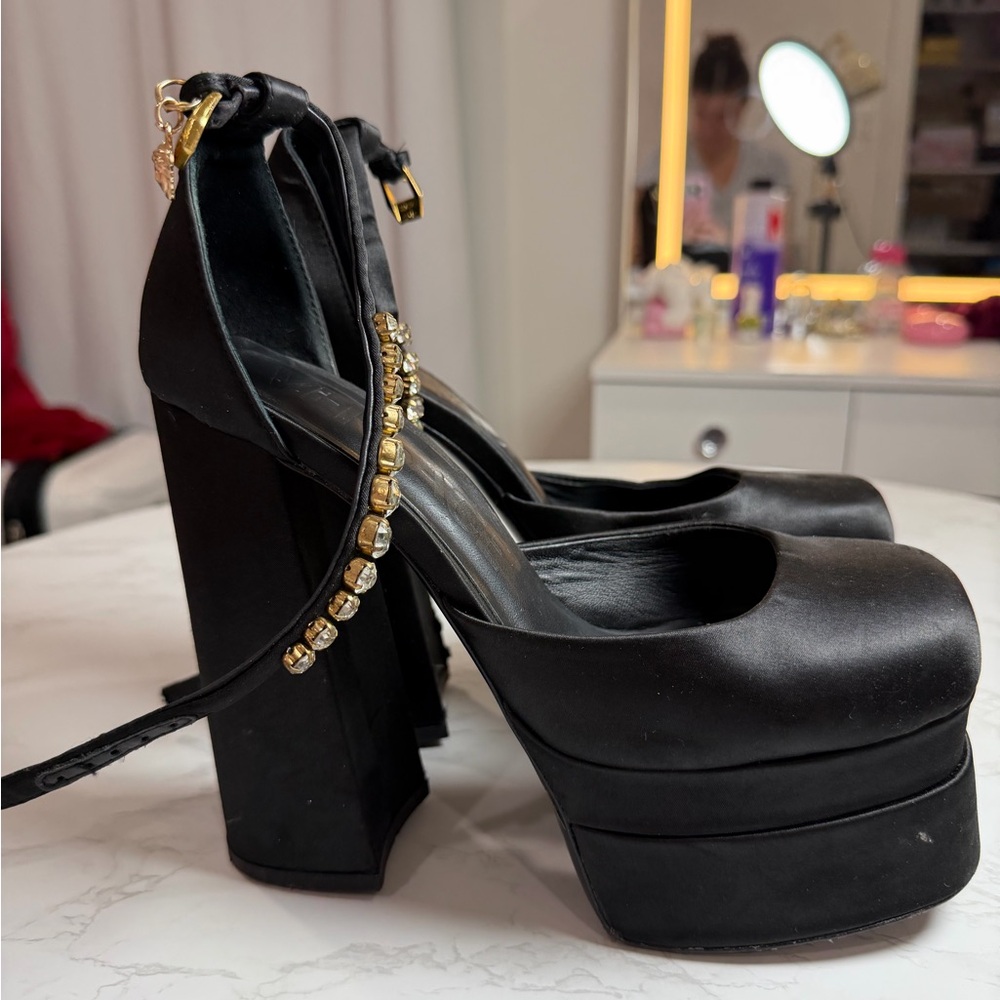 Versace Black Platform Heels with Gold Accents